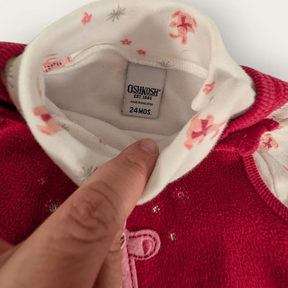 OshKosh Bgosh Girls Red Fleece Bunny Jumper Dress and Floral Turtleneck Set 18M